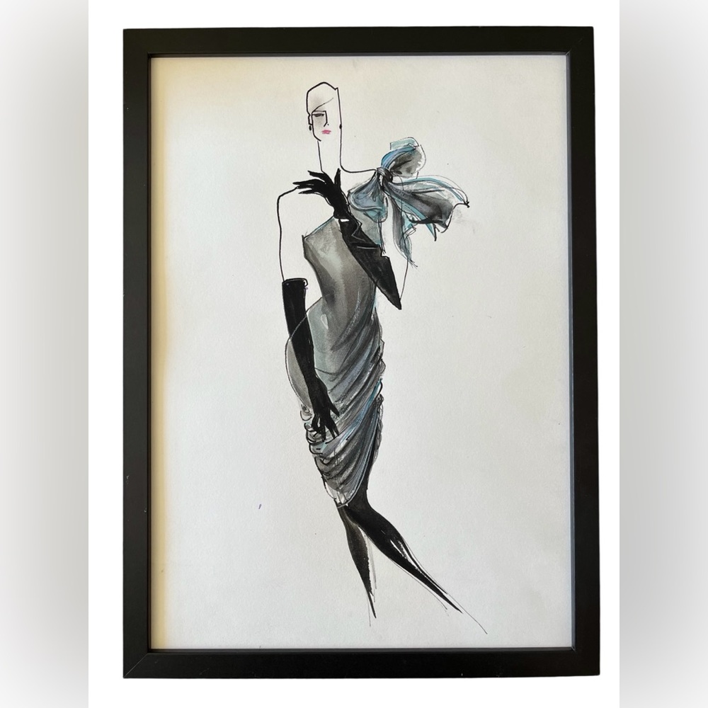 Vintage Hand-painted Fashion Sketch, framed (11x15)